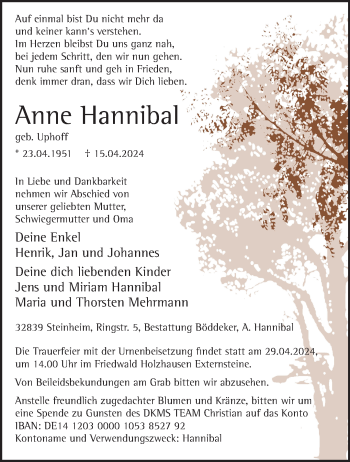 Traueranzeige von Anne Hannibal von Westfalen Blatt