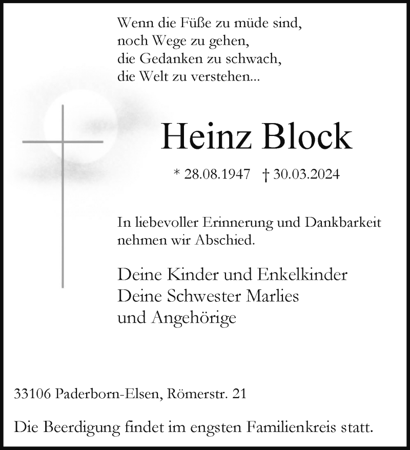  Traueranzeige für Heinz Block vom 06.04.2024 aus Westfalen Blatt