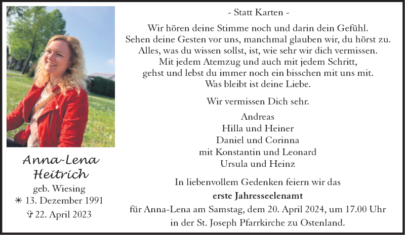  Traueranzeige für Anna-Lena Heitrich vom 13.04.2024 aus Westfalen Blatt