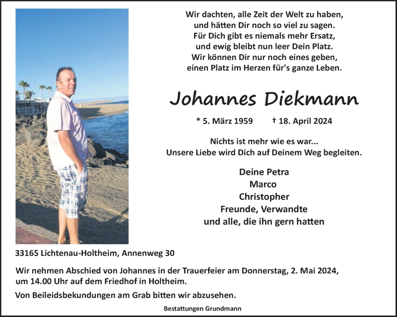  Traueranzeige für Johannes Diekmann vom 27.04.2024 aus Westfalen Blatt