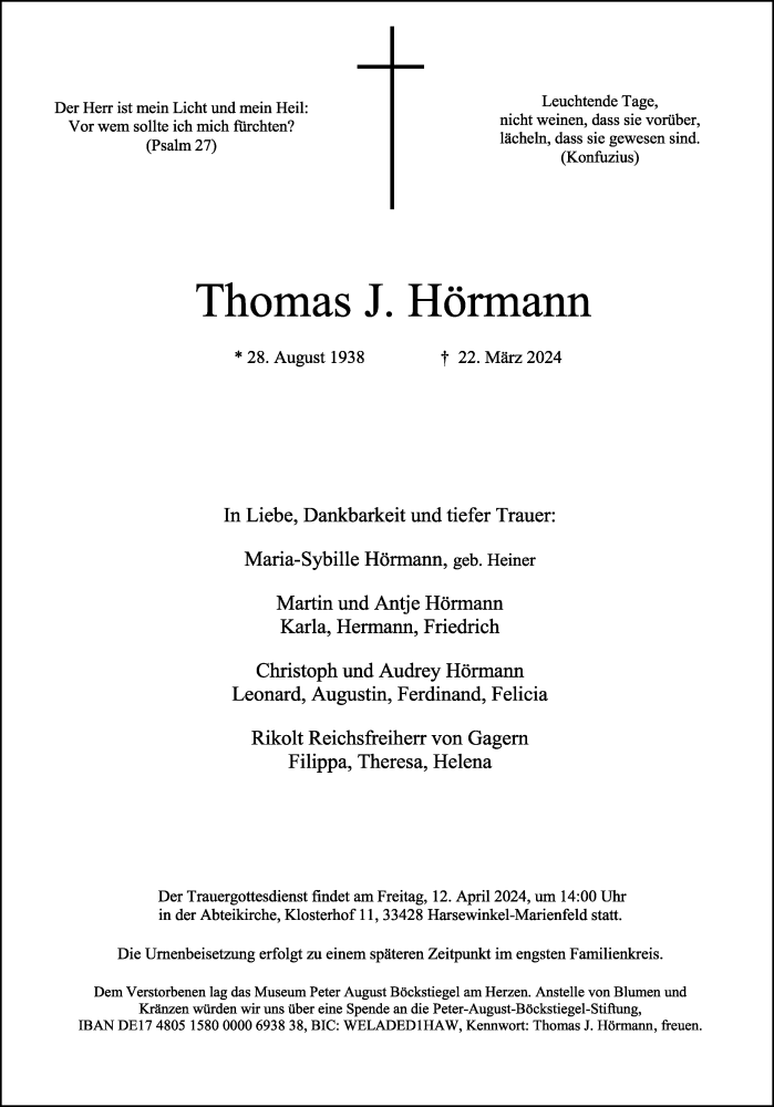  Traueranzeige für Thomas J. Hörmann vom 29.03.2024 aus Westfalen Blatt