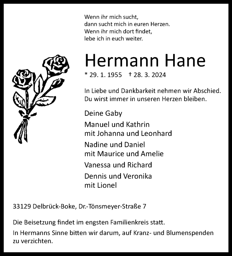  Traueranzeige für Hermann Hane vom 06.04.2024 aus Westfalen Blatt