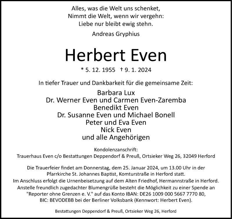  Traueranzeige für Herbert Even vom 13.01.2024 aus Westfalen Blatt