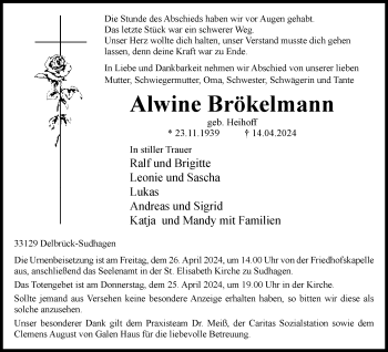 Traueranzeige von Alwine Brökelmann von Westfalen Blatt
