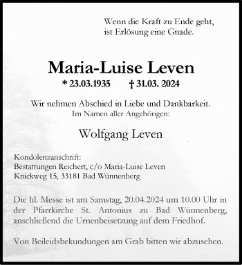 Traueranzeige von Maria-Luise Leven von Westfalen Blatt