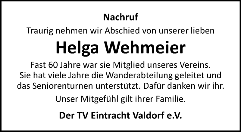  Traueranzeige für Helga Wehmeier vom 19.04.2024 aus Westfalen Blatt