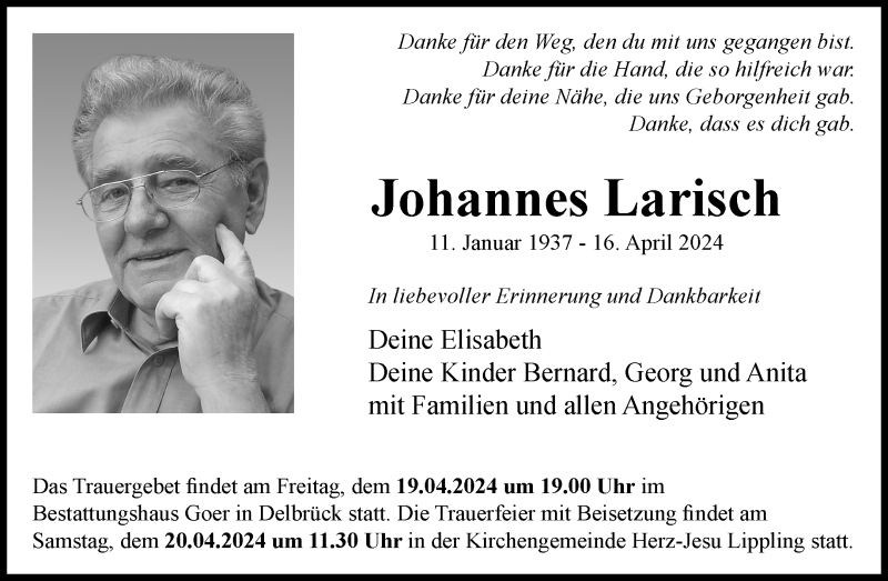  Traueranzeige für Johannes Larisch vom 18.04.2024 aus Westfalen Blatt