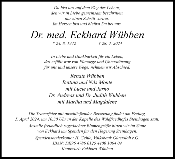Traueranzeige von Dr. med. Eckhard Wübben von Westfalen Blatt