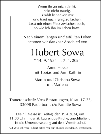 Traueranzeige von Hubert Sowa von Westfalen Blatt