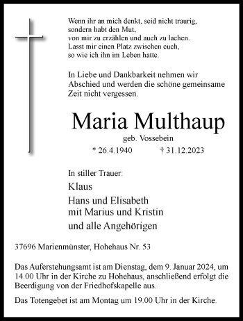 Traueranzeige von Maria Multhaup von Westfalen Blatt