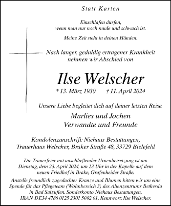 Traueranzeige von Ilse Welscher von Westfalen Blatt