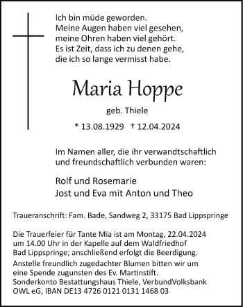 Traueranzeige von Maria Hoppe von Westfalen Blatt