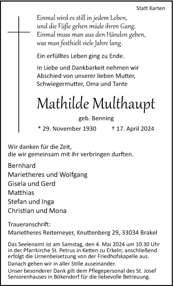Traueranzeige von Mathilde Multhaupt von Westfalen Blatt