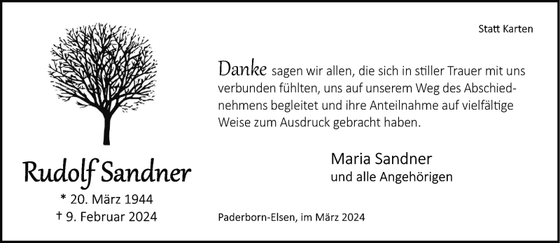  Traueranzeige für Rudolf Sandner vom 29.03.2024 aus Westfalen Blatt