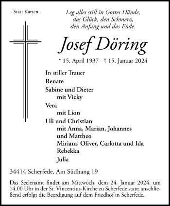 Traueranzeige von Josef Döring von Westfalen Blatt