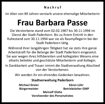 Traueranzeige von Barbara Passe von Westfalen Blatt