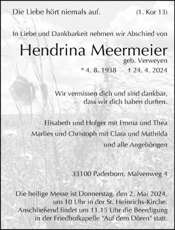 Traueranzeige von Hendrina Meermeier von Westfalen Blatt