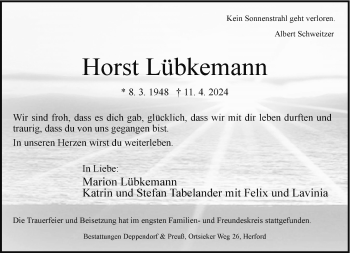 Traueranzeige von Horst Lübkemann von Westfalen Blatt