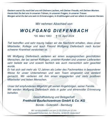Traueranzeige von Wolfgang Diefenbach von Westfalen Blatt