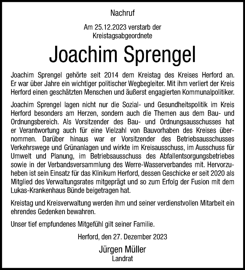  Traueranzeige für Joachim Diethard Sprengel vom 30.12.2023 aus Westfalen Blatt