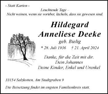 Traueranzeige von Hildegard Anneliese Deeke von Westfalen Blatt
