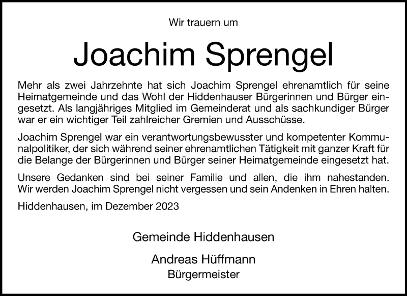  Traueranzeige für Joachim Diethard Sprengel vom 30.12.2023 aus Westfalen Blatt