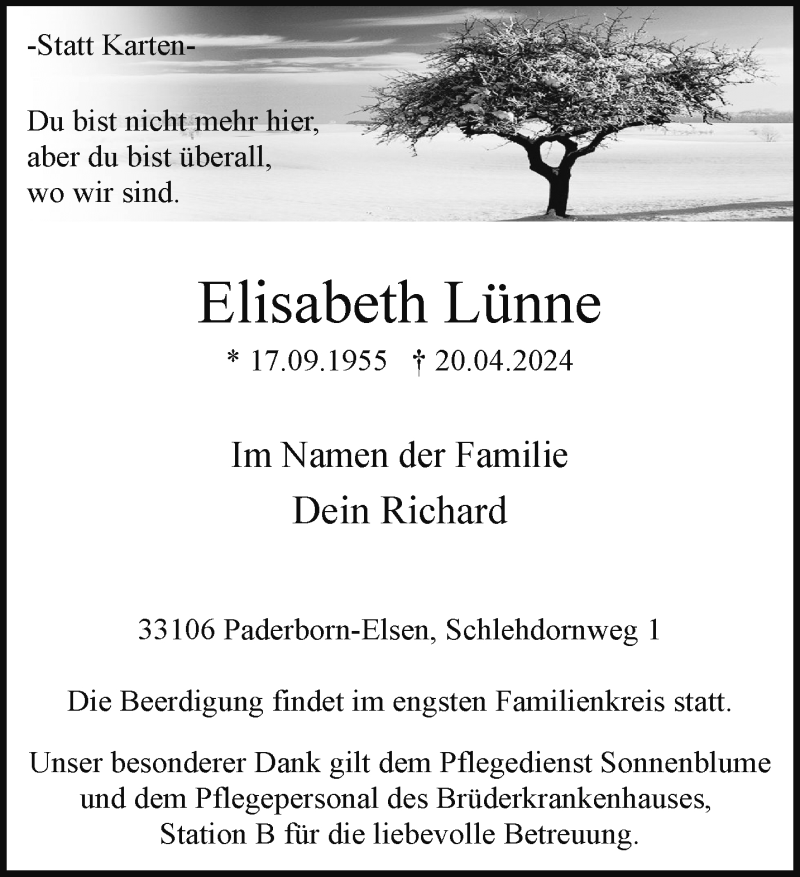  Traueranzeige für Elisabeth Lünne vom 24.04.2024 aus Westfalen Blatt