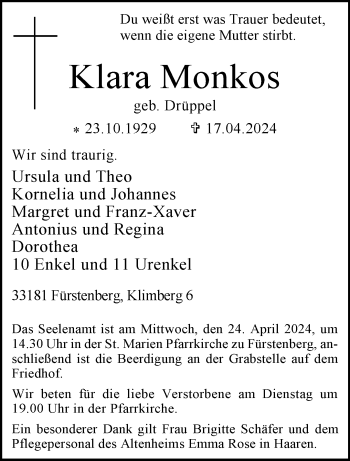 Traueranzeige von Klara Monkos von Westfalen Blatt