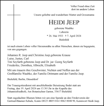 Traueranzeige von Heidi Jeep von Westfalen Blatt