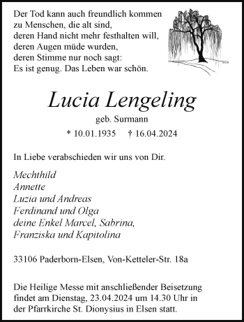 Traueranzeige von Lucia Lengeling von Westfalen Blatt