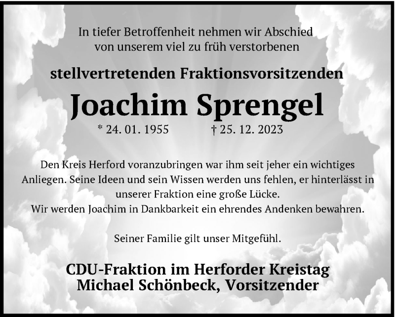  Traueranzeige für Joachim Diethard Sprengel vom 30.12.2023 aus Westfalen Blatt