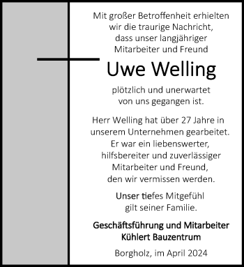 Traueranzeige von Uwe Welling von Westfalen Blatt