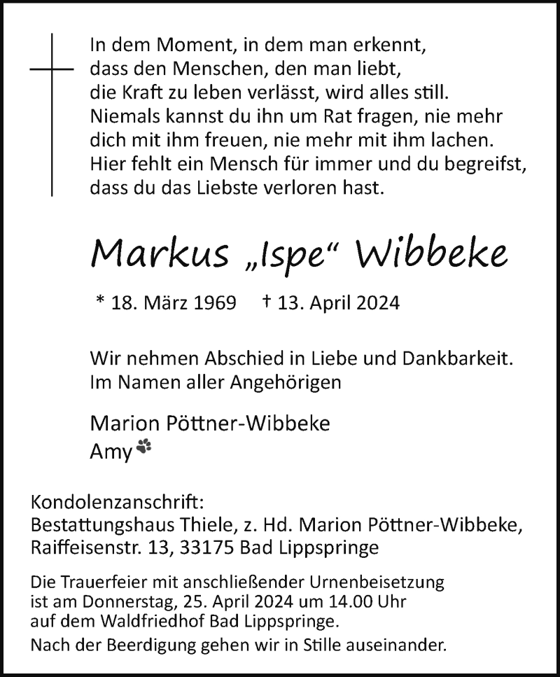  Traueranzeige für Markus Wibbeke vom 20.04.2024 aus Westfalen Blatt