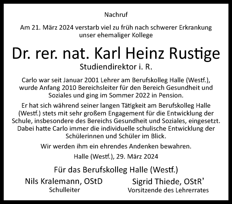  Traueranzeige für Dr. Rer. Nat. Karl Heinz Rustige vom 29.03.2024 aus Westfalen Blatt