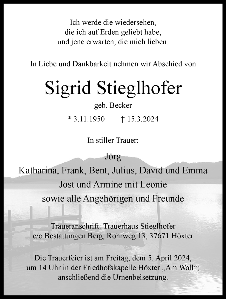  Traueranzeige für Sigrid Stieglhofer vom 29.03.2024 aus Westfalen Blatt
