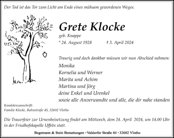 Traueranzeige von Grete Klocke von Westfalen Blatt