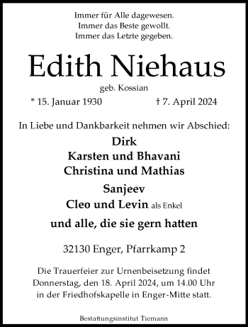 Traueranzeige von Edith Niehaus von Westfalen Blatt