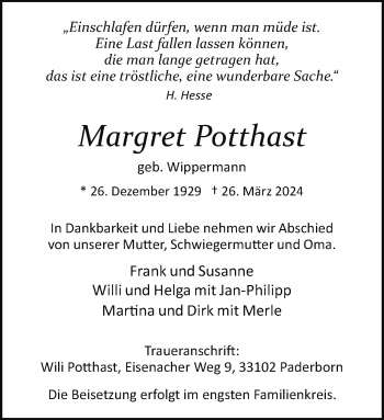 Traueranzeige von Margret Potthast von Westfalen Blatt