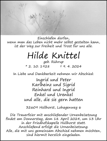 Traueranzeige von Hilde Knittel von Westfalen Blatt