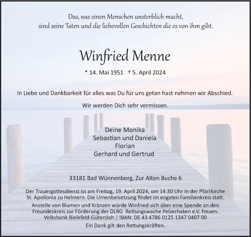  Traueranzeige für Winfried Menne vom 13.04.2024 aus Westfalen Blatt