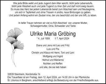 Traueranzeige von Ulrike Maria Gröbing von Westfalen Blatt