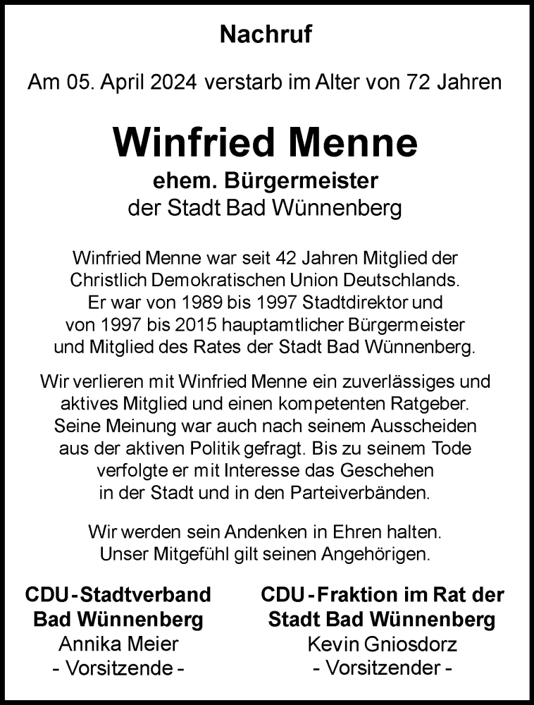  Traueranzeige für Winfried Menne vom 13.04.2024 aus Westfalen Blatt