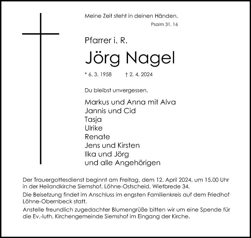  Traueranzeige für Jörg Nagel vom 06.04.2024 aus Westfalen Blatt