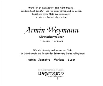 Traueranzeige von Armin Weymann von Westfalen Blatt
