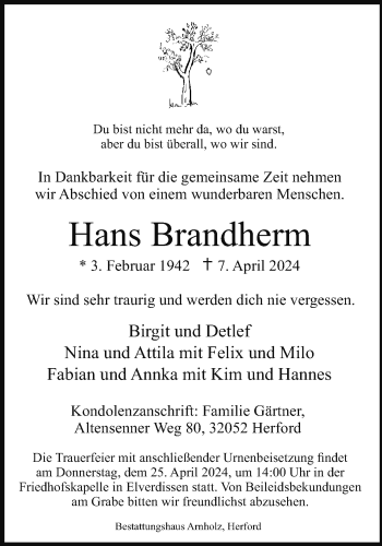 Traueranzeige von Hans Brandherm von Westfalen Blatt
