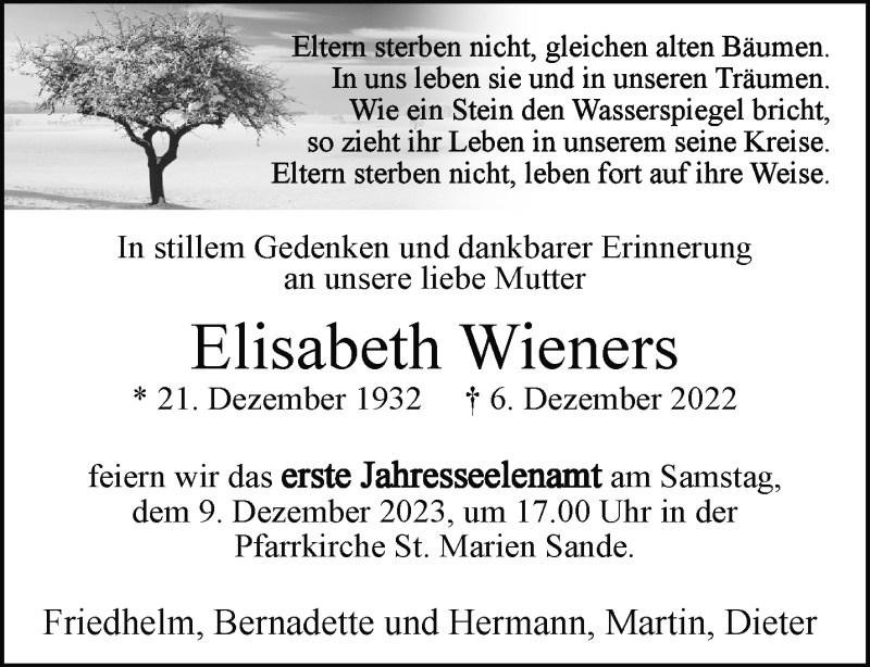  Traueranzeige für Elisabeth Wieners vom 02.12.2023 aus Westfalen Blatt