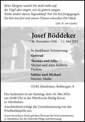 Traueranzeige von Josef Böddeker von Westfalen Blatt