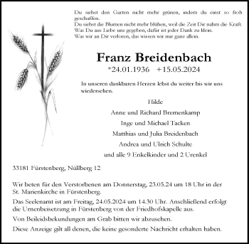 Traueranzeige von Franz Breidenbach von Westfalen Blatt