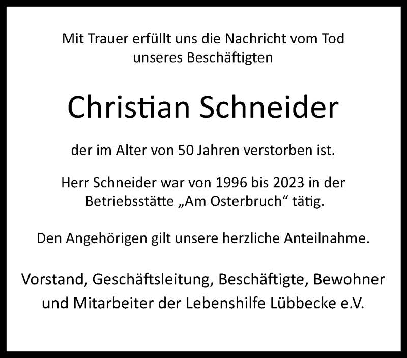  Traueranzeige für Christian Schneider vom 18.12.2023 aus Westfalen Blatt