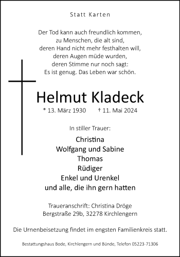 Traueranzeige von Helmut Kladeck von Westfalen Blatt